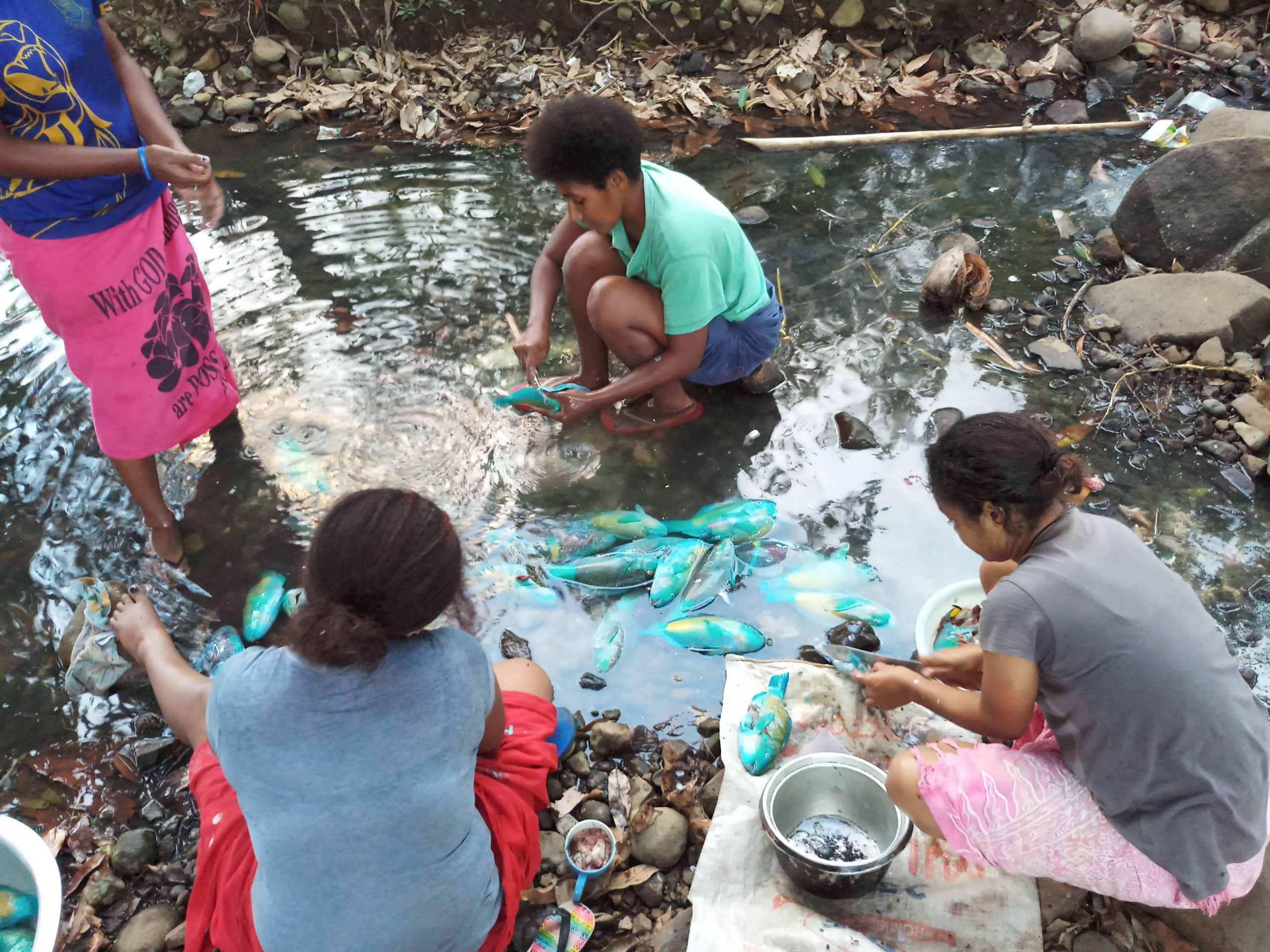 Women from Dakuibeqa village, Beqa Island cleaning the day's catch.